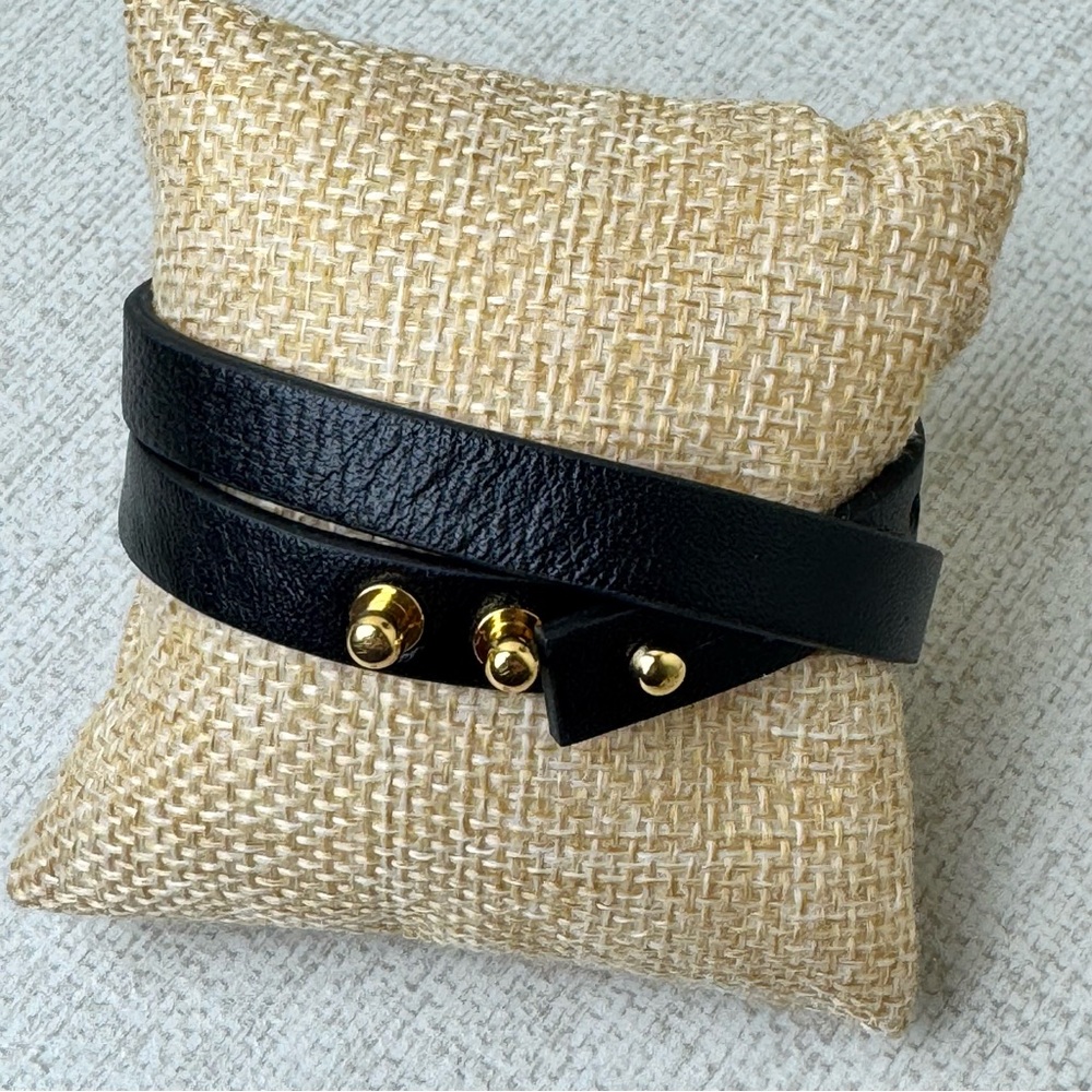 Rustic Cuff Black Leather Wrap Bracelet with Gold Tone Buckle - Picture 2 of 5
